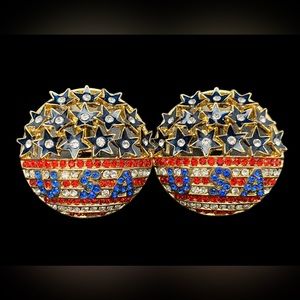 USA star Red White Blue Rhinestone US Flag Clip On Earrings